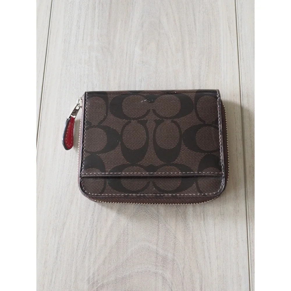 Coach Small Signature Patent Leather Zip Around Wallet in Brown Red Interior